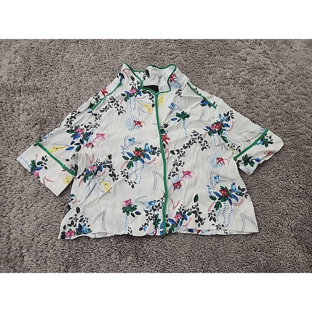 Topshop Blouse Womens 2 White Multi Jungle Monkey Print Cropped Short Sleeve